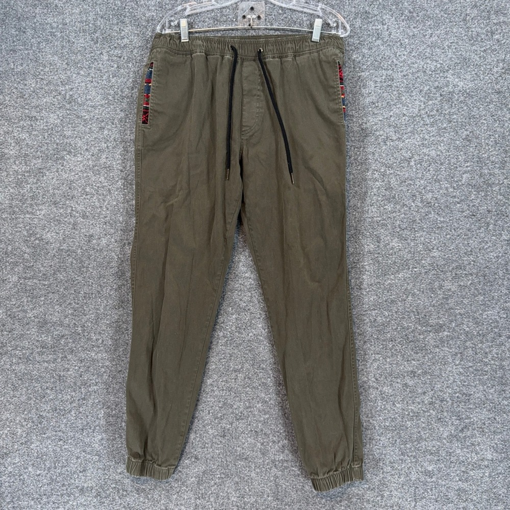 Wowie Joggers Mens XL Olive Green Tribal Pattern Trim Elastic Waist Casual Pants